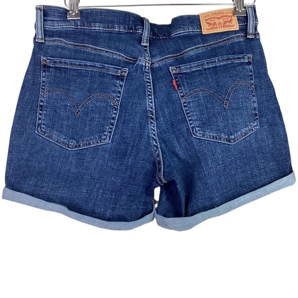Levis Denim Shorts Womens 29 Blue Mid Length Rolled Cuff Stretch Distressed - Picture 4 of 9